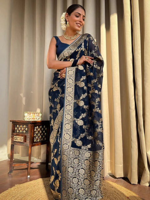 VastraLakshmi Classy Navy Blue Soft Silk Saree With Arresting Blouse Piece