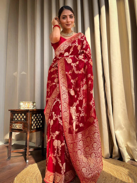 VastraLakshmi Desiring Red Soft Silk Saree With Exceptional Blouse Piece