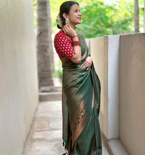 VastraLakshmi Snazzy Dark Green Soft Silk Saree With Woebegone Blouse Piece