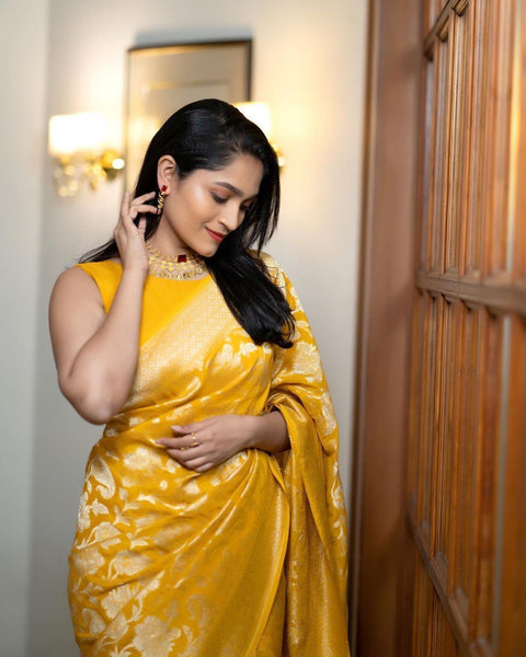 VastraLakshmi Palimpsest Yellow Soft Silk Saree With Epiphany Blouse Piece