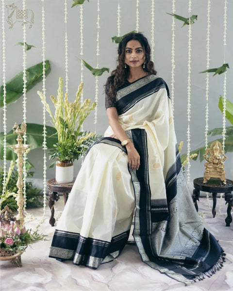 VastraLakshmi Adorable Off White Soft Silk Saree With Flameboyant Blouse Piece