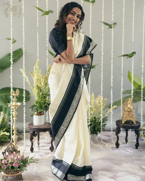 VastraLakshmi Adorable Off White Soft Silk Saree With Flameboyant Blouse Piece