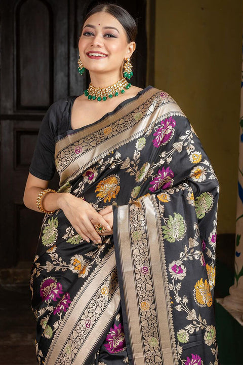 VastraLakshmi Vestigial Black Soft Silk Saree With Panoply Blouse Piece