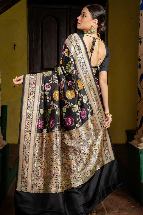 VastraLakshmi Vestigial Black Soft Silk Saree With Panoply Blouse Piece