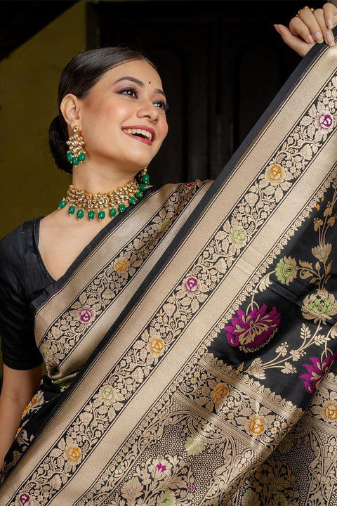 VastraLakshmi Vestigial Black Soft Silk Saree With Panoply Blouse Piece