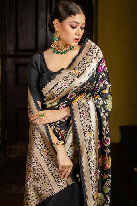 VastraLakshmi Vestigial Black Soft Silk Saree With Panoply Blouse Piece