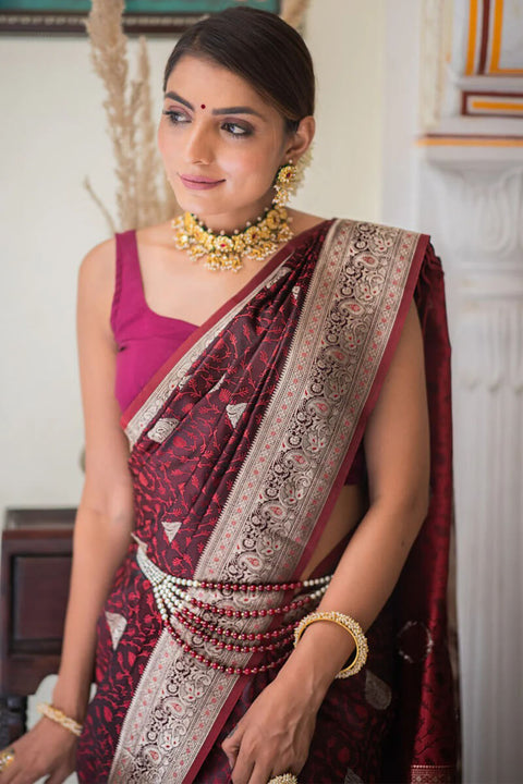 VastraLakshmi Sempiternal Maroon Soft Silk Saree With Evanescent Blouse Piece