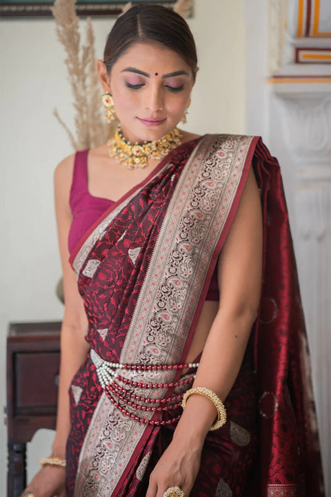 VastraLakshmi Sempiternal Maroon Soft Silk Saree With Evanescent Blouse Piece