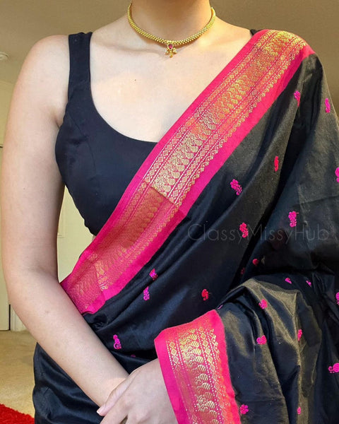 VastraLakshmi Twirling Black Soft Silk Saree With Chatoyant Blouse Piece