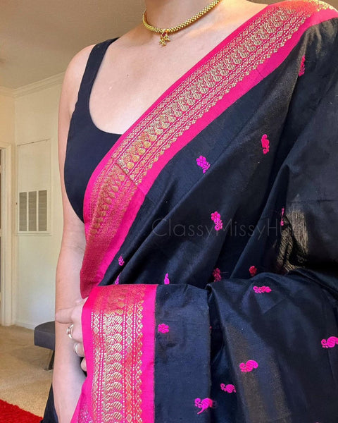 VastraLakshmi Twirling Black Soft Silk Saree With Chatoyant Blouse Piece