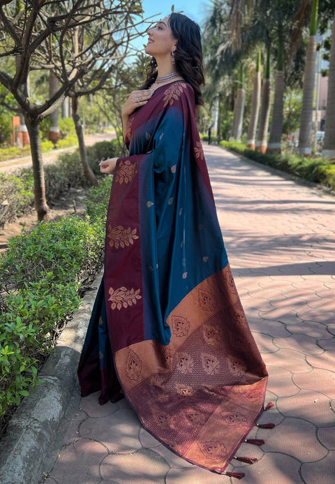 VastraLakshmi Vestigial Blue Soft Silk Saree With Demure Blouse Piece