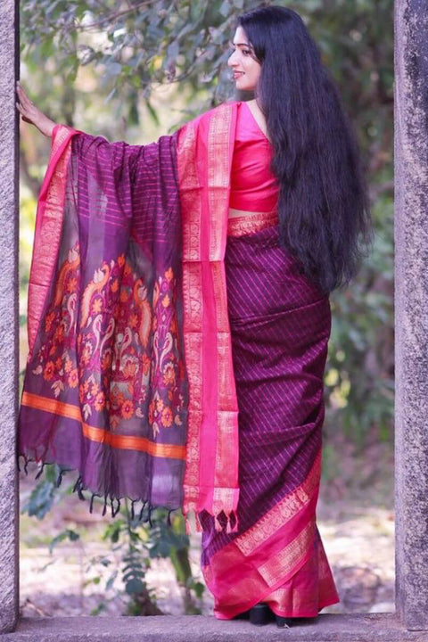 VastraLakshmi Sensational Purple Cotton Silk Saree With Innovative Blouse Piece