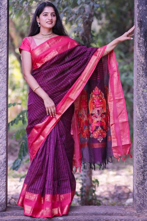 VastraLakshmi Sensational Purple Cotton Silk Saree With Innovative Blouse Piece