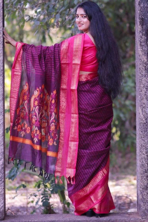 VastraLakshmi Sensational Purple Cotton Silk Saree With Innovative Blouse Piece