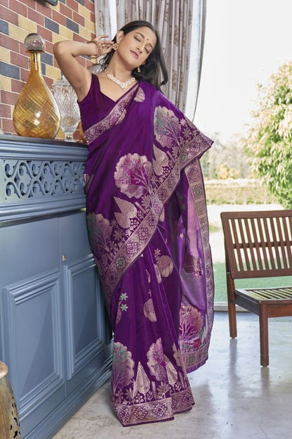 VastraLakshmi Gossamer Purple Soft Silk Saree With Gossamer Blouse Piece