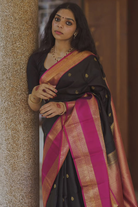 VastraLakshmi Evocative Black Soft Silk Saree With Brood Blouse Piece