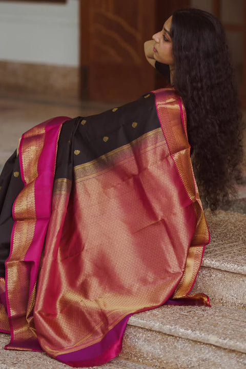 VastraLakshmi Evocative Black Soft Silk Saree With Brood Blouse Piece