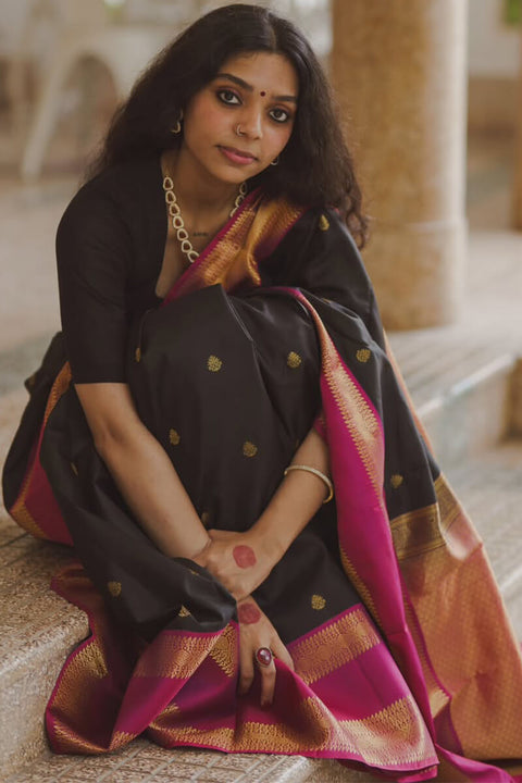 VastraLakshmi Evocative Black Soft Silk Saree With Brood Blouse Piece