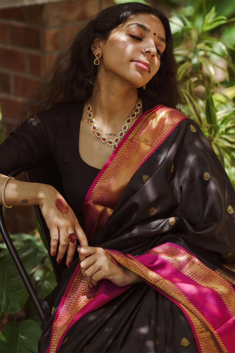 VastraLakshmi Evocative Black Soft Silk Saree With Brood Blouse Piece