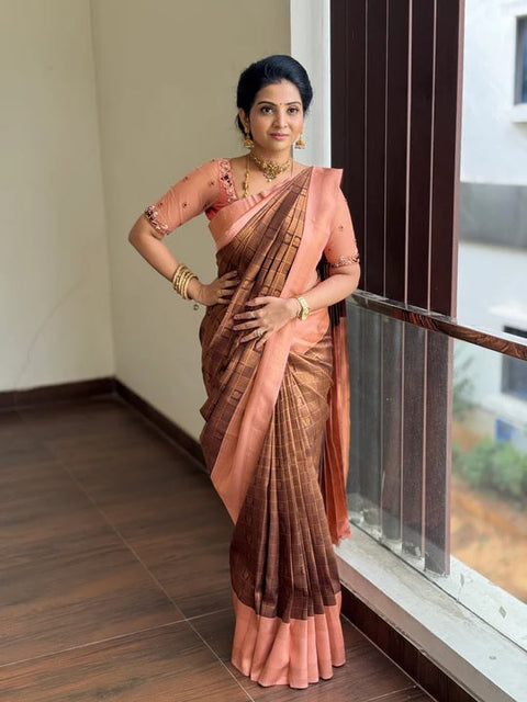 VastraLakshmi Effervescent Brown Soft Silk Saree With Seraglio Blouse Piece