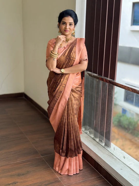 VastraLakshmi Effervescent Brown Soft Silk Saree With Seraglio Blouse Piece