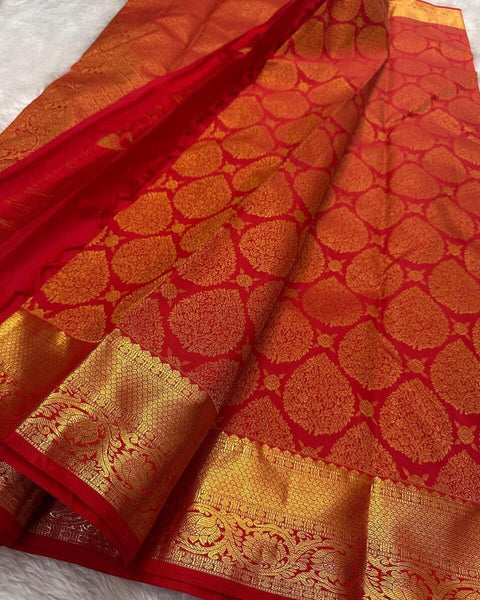 VastraLakshmi Skinny Red Soft Banarasi Silk Saree With Precious Blouse Piece