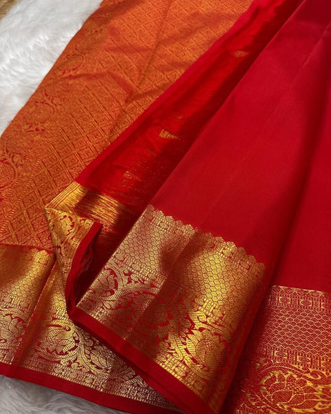 VastraLakshmi Skinny Red Soft Banarasi Silk Saree With Precious Blouse Piece