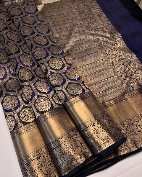 VastraLakshmi Dissemble Navy Blue Soft Banarasi Silk Saree With Propinquity Blouse Piece