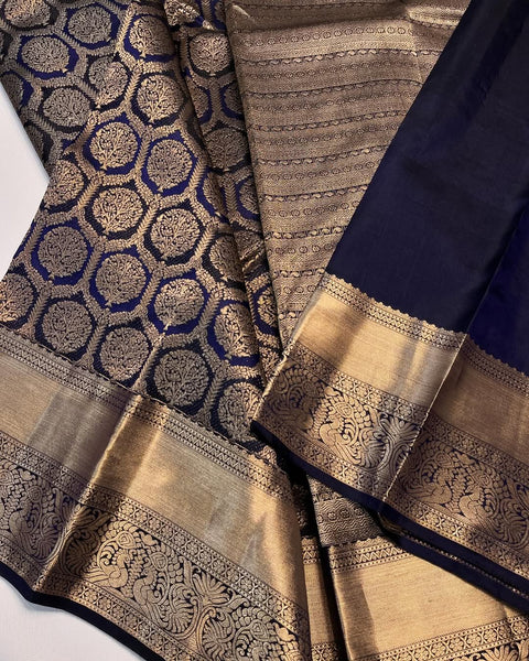 VastraLakshmi Dissemble Navy Blue Soft Banarasi Silk Saree With Propinquity Blouse Piece