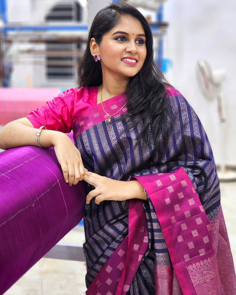 VastraLakshmi Refreshing Navy Blue Soft Silk Saree With Hypnotic Blouse Piece