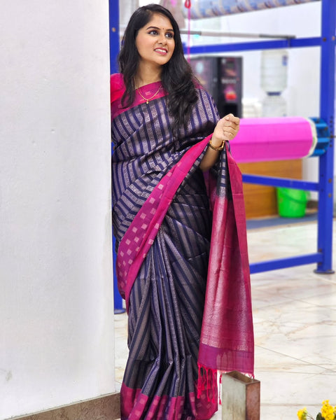 VastraLakshmi Refreshing Navy Blue Soft Silk Saree With Hypnotic Blouse Piece