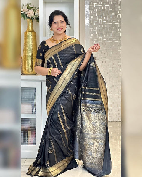 VastraLakshmi Opulent Black Soft Silk Saree With Flameboyant Blouse Piece