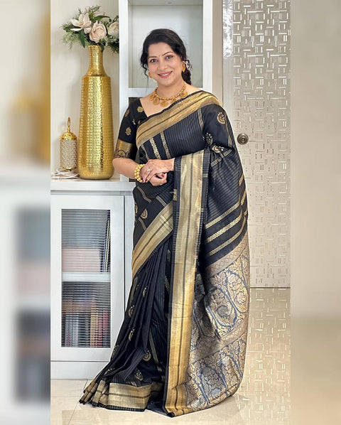 VastraLakshmi Opulent Black Soft Silk Saree With Flameboyant Blouse Piece