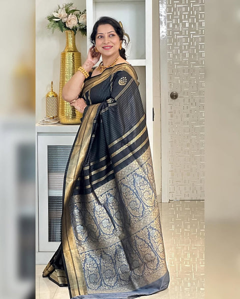 VastraLakshmi Opulent Black Soft Silk Saree With Flameboyant Blouse Piece