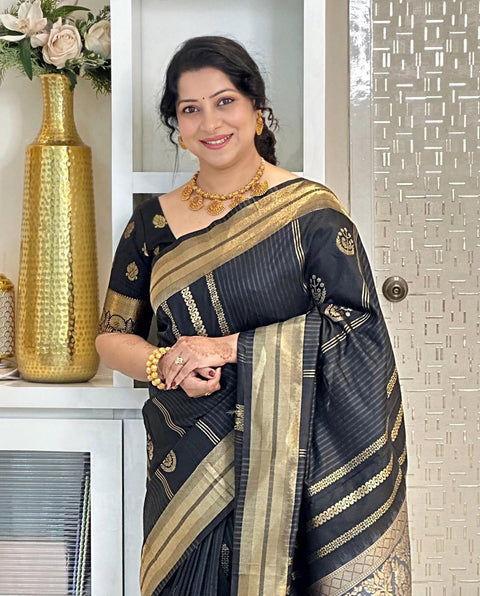 VastraLakshmi Opulent Black Soft Silk Saree With Flameboyant Blouse Piece