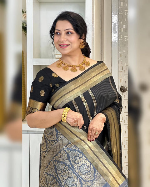 VastraLakshmi Opulent Black Soft Silk Saree With Flameboyant Blouse Piece