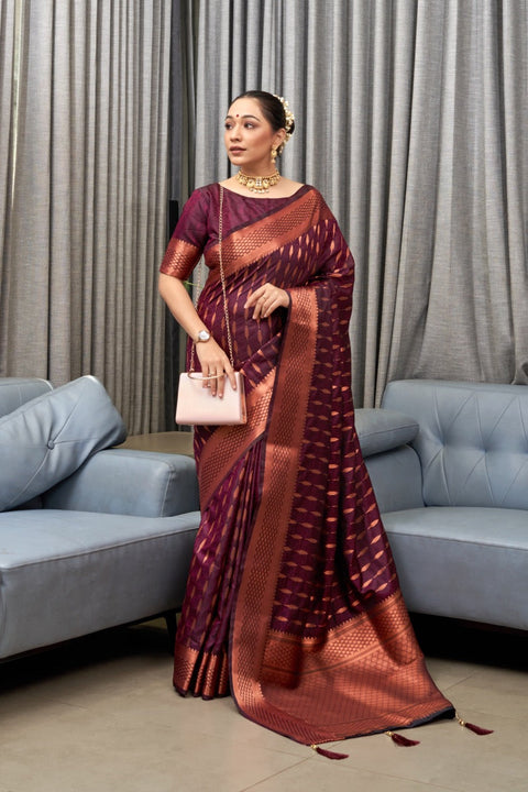 VastraLakshmi Intricate Wine Soft Silk Saree With Dazzling Blouse Piece