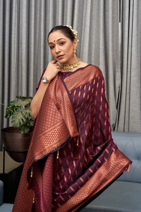 VastraLakshmi Intricate Wine Soft Silk Saree With Dazzling Blouse Piece