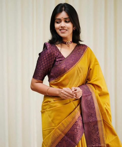 VastraLakshmi Mesmerising Yellow Soft Silk Saree With Demanding Blouse Piece