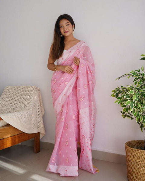 VastraLakshmi Symmetrical Baby Pink Cotton Silk Saree With Transcendent Blouse Piece