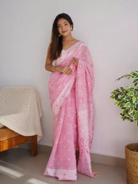 VastraLakshmi Symmetrical Baby Pink Cotton Silk Saree With Transcendent Blouse Piece