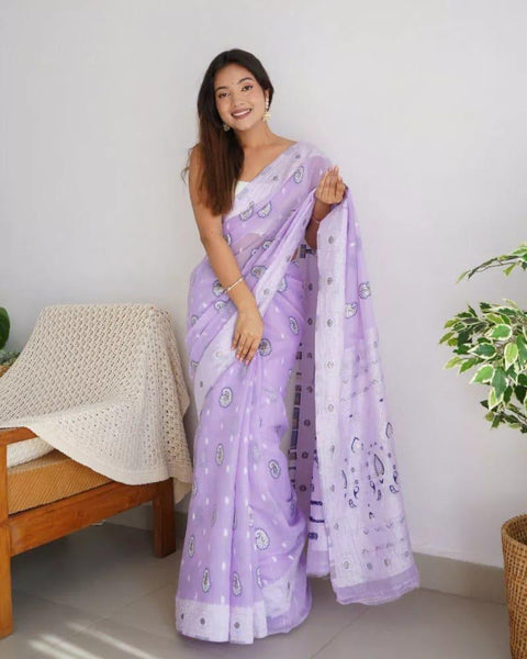 VastraLakshmi Bucolic Lavender Cotton Silk Saree With Effervescent Blouse Piece