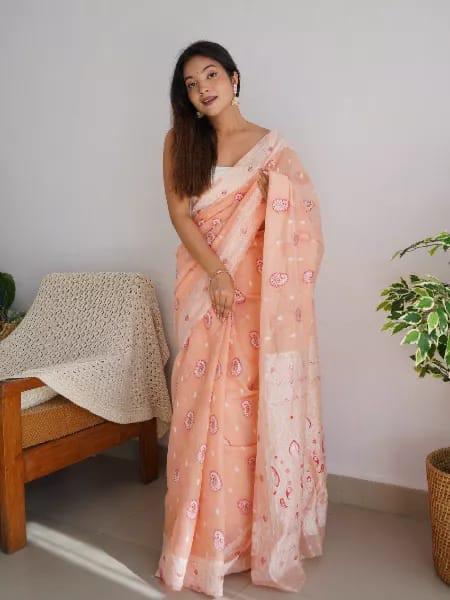 VastraLakshmi Gossamer Peach Cotton Silk Saree With Palimpsest Blouse Piece