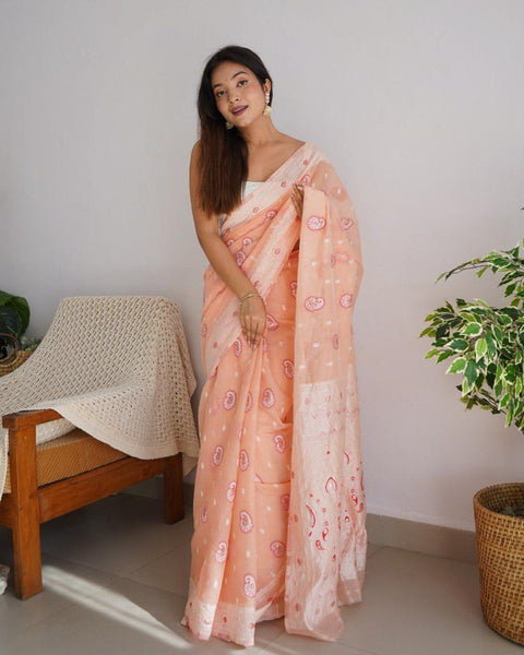 VastraLakshmi Gossamer Peach Cotton Silk Saree With Palimpsest Blouse Piece