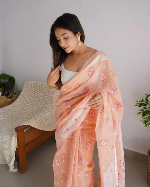 VastraLakshmi Gossamer Peach Cotton Silk Saree With Palimpsest Blouse Piece