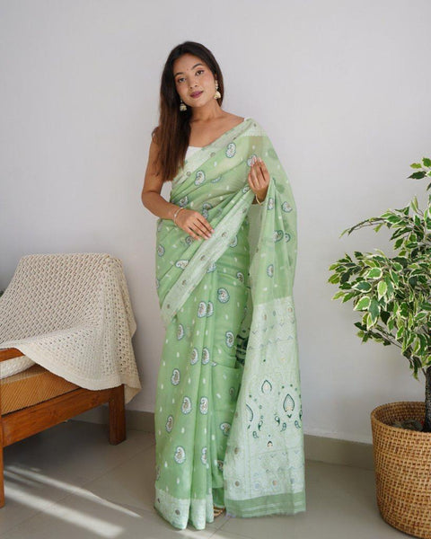 VastraLakshmi Redolent Pista Cotton Silk Saree With Engaging Blouse Piece