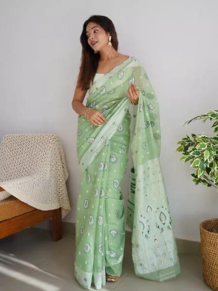 VastraLakshmi Redolent Pista Cotton Silk Saree With Engaging Blouse Piece