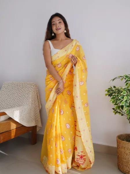 VastraLakshmi Exuberant Yellow Cotton Silk Saree With Incomparable Blouse Piece