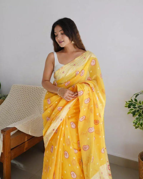 VastraLakshmi Exuberant Yellow Cotton Silk Saree With Incomparable Blouse Piece