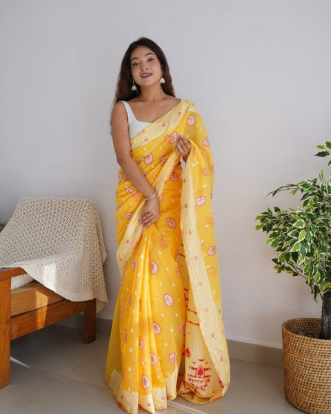 VastraLakshmi Exuberant Yellow Cotton Silk Saree With Incomparable Blouse Piece